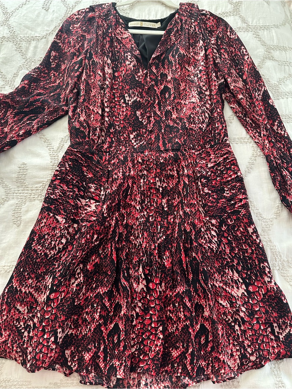 Marie Oliver Red & Black Printed Long-Sleeve Pleated Dress